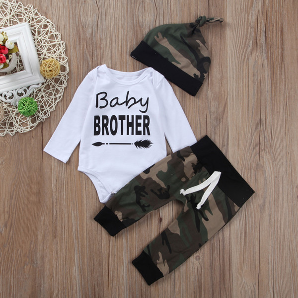 3 pieces Long sleeve Baby Brother Bodysuit and Camouflage Pant with Hat Set For Baby Boy Clothes