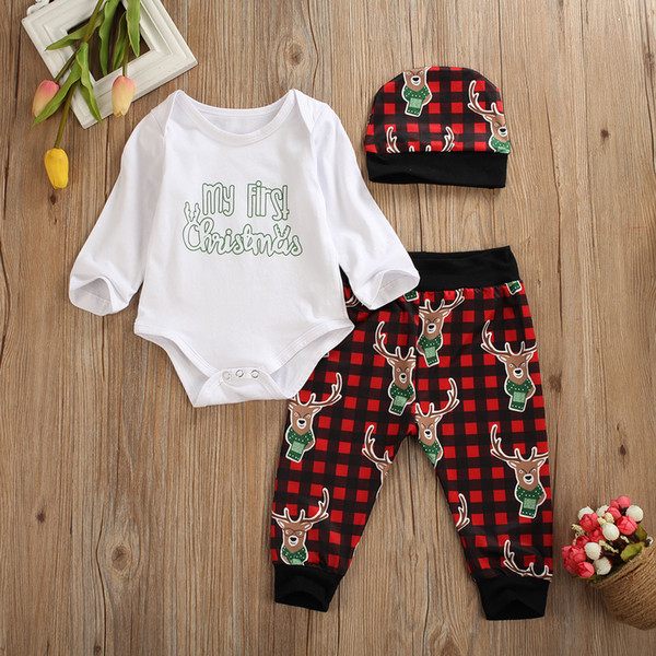 My First Christmas Baby Boy Girl Clothes Sets 3pcs Long Sleeve Letter Print Romper+ Plaid Pants+Hat Clothes Outfits