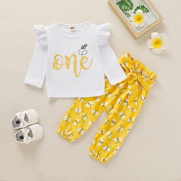 0-24M Newborn Baby Girls 1st Birthday Outfit Clothes Sets Letter T Shirt Top Flowers Pants Leggings Set