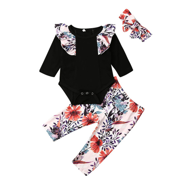 0-24M Toddler Baby Girl Kid Fly-Sleeve Tops Romper Flower Trousers Headband Clothes