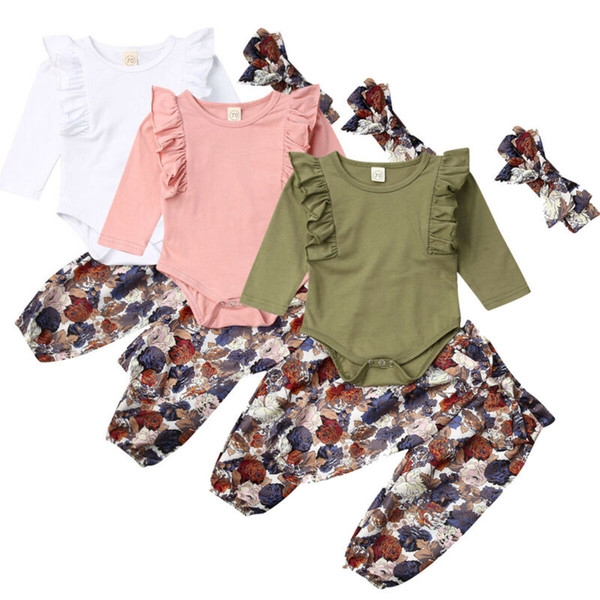 Fall Autumn Newborn Kid Baby Girls Long Sleeve Solid Romper Flower Print Pants Headband Outfit Casual Set