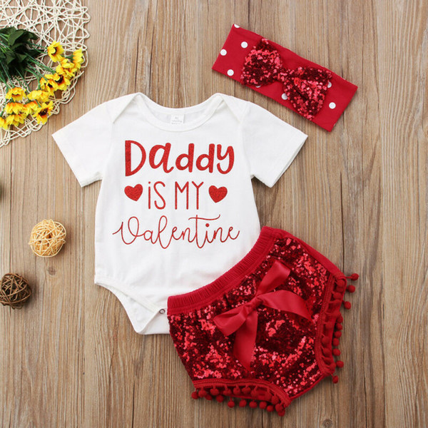 Newborn Infant Baby Girls Tops Romper Bowkont Shorts Sequins Outfits Set 2020 New daddy's little valentine cute gilrs outfits