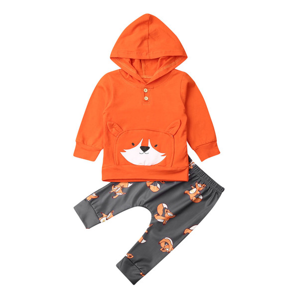 0-24M Toddler Baby Girl Boys Fox Cotton Hooded Tops + Trousers Pants Winter Clothes