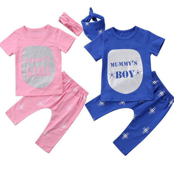 Girls Boys Twins Matching Outfit 3Pcs Set Baby Newborn Short Sleeve T-shirt Top Tee+Pants+Headband or Bandana Clothes