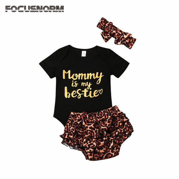 2020 New Baby Summer Clothing Newborn Baby Girls Bronzing Letter Romper Tops Leopard Ruffle Shorts Outfit Infant Clothes 0-18M