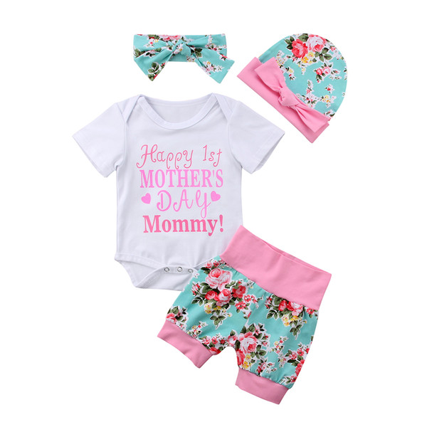 2019 new Mother Day Newborn Baby Girls Flowers Tops Romper Shorts Pants Outfits Clothes fashion wild summer hat headband CH