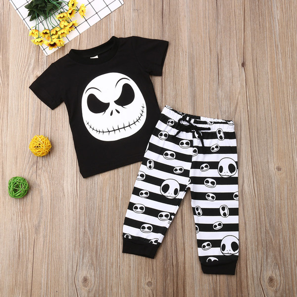 Baby Set Newborn Baby Boy Skull Print Shirt Long Pant Summer Set 100% Cotton Short Sleeve Bow Pullover High Waist Free Shipping