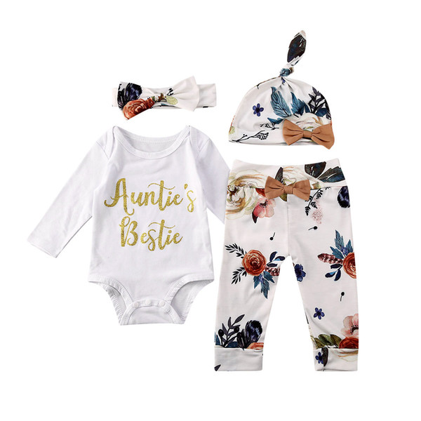 Baby Girl Auntie´s Clothes Set Newborn Toddler Infant Spring Long Sleeve Letter Bodysuit Floral Pants Headband Hat Outfit 4Pcs