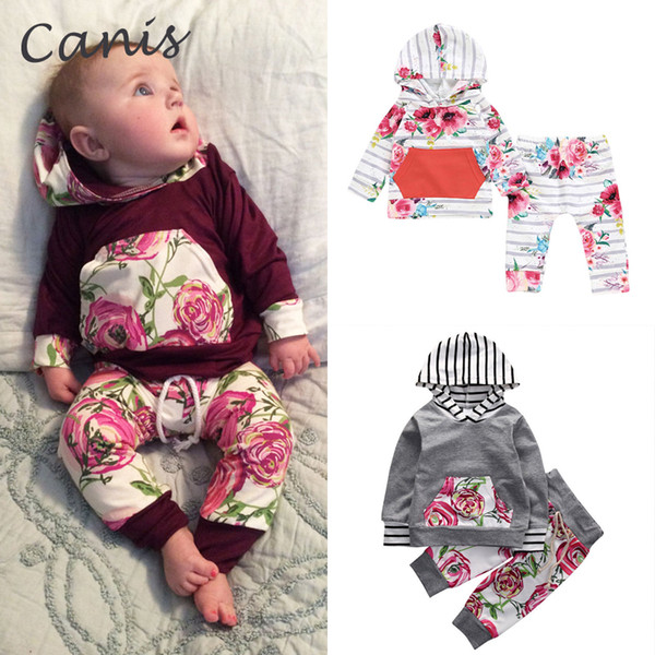 CANIS Lovely Newborn Baby Girl Cotton Clothing Suit Hoodies Striped Tops +Floral Leggings Pants Outfits Sets 0-24M