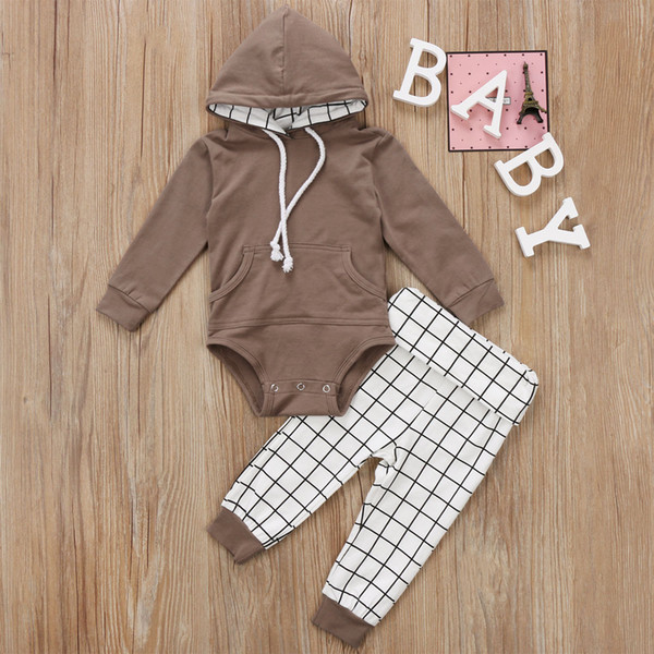 2019 New Khaki Hooded Newborn Infant Baby Boy Plaid Outfits Clothes Tops Romper+Pants Set