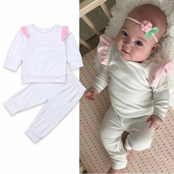 Baby Girls Fly Sleeve Clothing Set Casual Newborn Baby Girl Pure White Long Sleeve Top T-shirt Pants Cotton Autumn Clothes 2Pcs