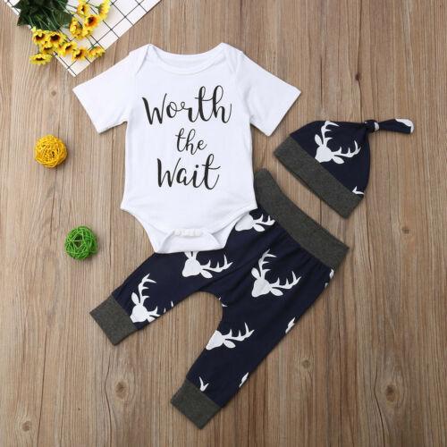 0-18M Baby Boy Girl Outfit Clothes Letter Tops Romper Bodysuit Pants Hat Set