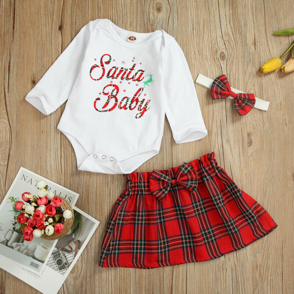 Infant Baby Girls Kids Christmas Santa Claus Bodysuit Top Skirt Headband Clothes