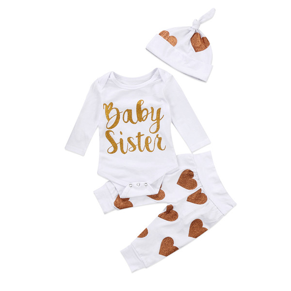 Baby Girl Winter Clothing Set Baby Sister Print Long Sleeve Romper Tops Heart Print Pants 3Pcs White Outfits