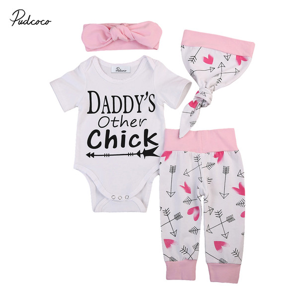 Newborn Infant Baby Girls Outfits Clothes Tops Romper+Long Pants Hat 4PCS Set