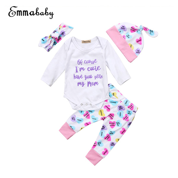 4PCS Newborn Baby Girls Cotton Clothes Long Sleeves Romper + Long Pants + Hat + Headband Printed Outfits Set