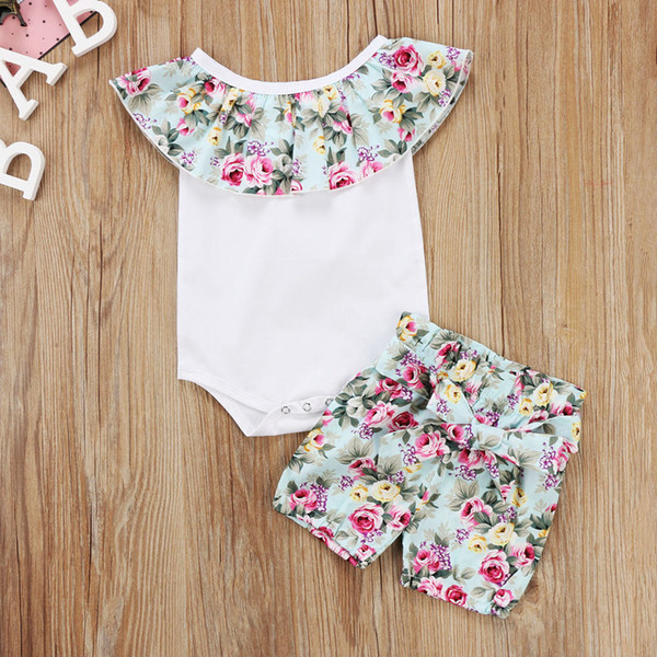 Newborn Baby Girl Cotton Clothes Set Bodysuit Ruffles Flower Tops Sleeveless Floral Shorts 2Pcs Outfit Cute Fresh Fashion Summer