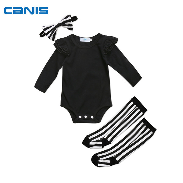 Infant Baby Girls Long Sleeve Bodysuit Ruffle Fly Sleeve Romper + Striped Socks + Elastic headband 3PCS Outfits Set