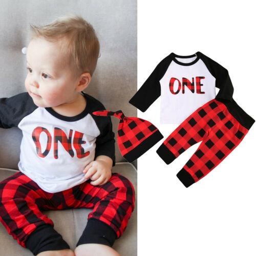 Christmas Newborn Baby Boy Girl Long Sleeve Tops Letter Print T-Shirt Red Black Plaid Pants Hat Outfits Set Winter Clothes