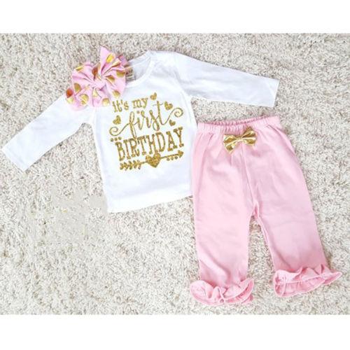 3PCS Kids Baby Girl Clothes Long Sleeve Letter T-shirt Tops+Pink Pants Leggings Outfits Set