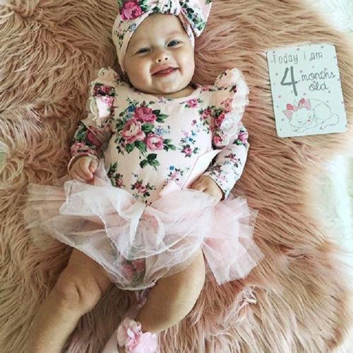 New Toddler Stock 2Pcs Newborn Infant Baby Girl Floral Lace Long Sleeve Lace Pink Romper Jumpsuit Dress Outfits Cotton