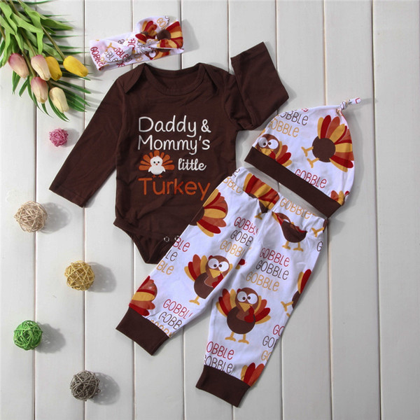 New Thanksgiving Newborn Kids Baby Outfit Clothes Letter Cartoon Turkey Long Sleeve Romper+Long Pants+Headband+Hats