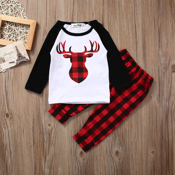 Baby Boy Girl Clothes Set 2PC Bebes Deer Top T-shirt Red Plaid Pant Outfit Bebek Giyim Tracksuit