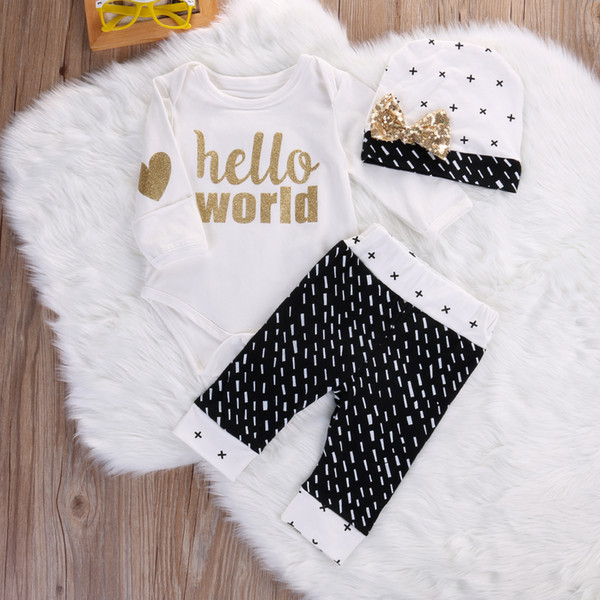 3PCS Newborn Baby Girl Boy Gold Hello World Top Bodysuit Pants Leggings Hat Outfits Set Baby Clothing