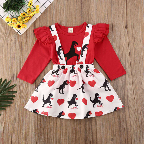 Pudcoco Toddler Baby Girl Clothes Cute Dinosaur Peach Heart Print Long Sleeve Tops Strap Mini Skirt 2Pcs Outfits Cotton Clothes