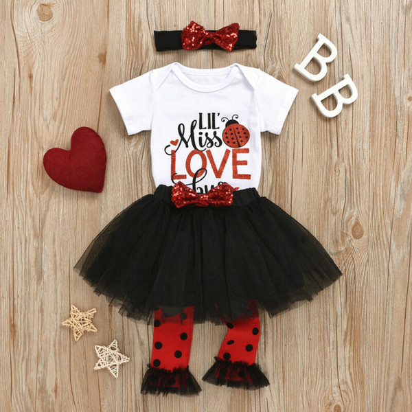 Valentine's Day Kids Baby Girls clothes Tulle Geometry Skirts bow sequin Headband Polka Dot  round neck Bodysuit 4pc