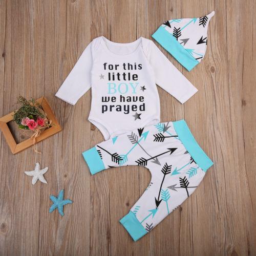 3Pcs Newborn Infant Baby Boys Romper Arrows Pants Leggings Hat Outfits Clothes Toddler Boy Daily Casual Clothing Set Soft Cotton