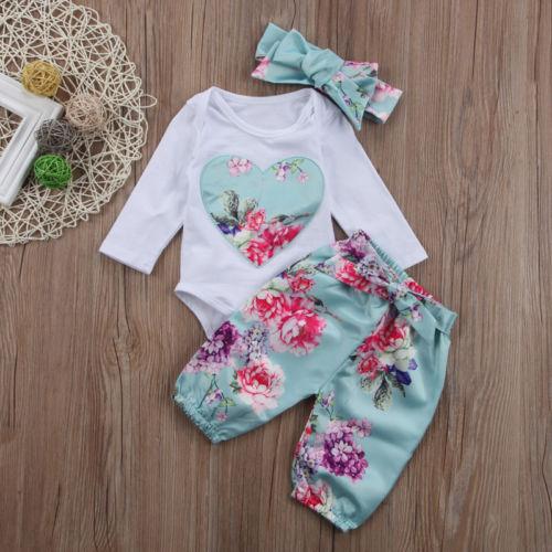 Newborn Kid Baby Girl Floral Clothes Long Sleeve Romper Jumpsuit Round Neck Romper Pants Outfit Sets