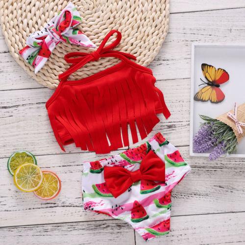 Toddler Kid Baby Girls Tassel Bikini Set Fruit Swimwear Swimsuit Bathing Suit Watermelon tassel bathing suit red