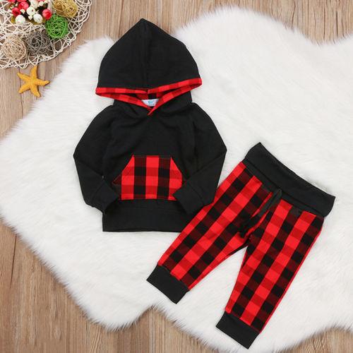 Newborn Baby Girl Boy Clothes Hoodies Coat Tops T shirt + Long Pants Plaid Outfits Set Xmas Baby Clothing