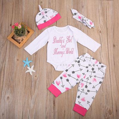 Cute 4pcs Newborn Baby Girls clothes letter print long sleeve white Romper long Arrows Pants Hat headband autumn Outfit Clothes