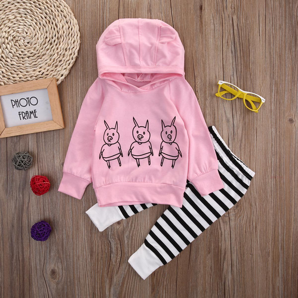 Cute Newborn Baby Girl Kids Clothes Pig Long Sleeve Hoodie Sweatshirt Top+Striped Long Pants 2Pcs Outfits Clothes Set