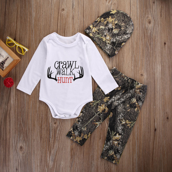 3Pcs Newborn Baby Boys Long Sleeve Letters Deer Romper Bodysuit Pants Hat Outfit Clothes Set