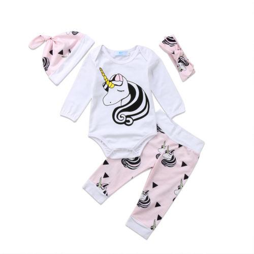 4pcs cartoon baby girl clothes set infant newborn baby girls long sleeves unicorn romper pink pants princess baby girls outfits