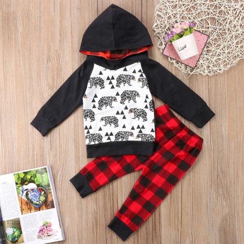 0-24M baby 2PCS set Newborn Toddler Baby Boy Cartoon Hoodie Sweatshirt Top+plaid Pants Outfit christmas baby clothes