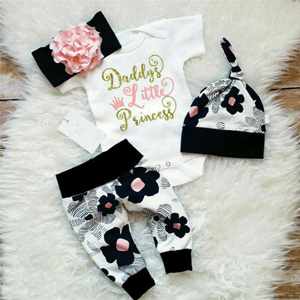 Newborn Baby Girls Clothes Set Summer Daddy Princess Outfits Infant Clothing Bodysuit+Floral Pants+Hat+Headband Toddler Kid 4pcs