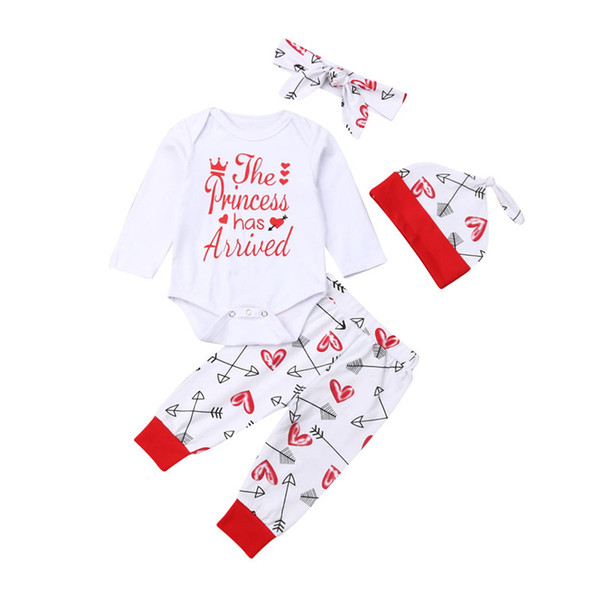 Newborn Baby Girl Little Sister Long Sleeve Romper Heart and Arrow Print Long Pants Hat Headband Outfit Clothes 4PCS Clothes Set