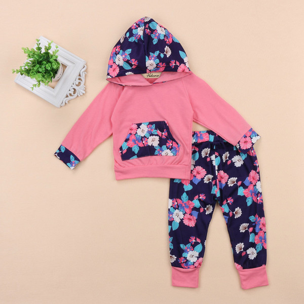 2PCS Autumn Winter Newborn Baby Toddler Infant Girl Cotton Long Sleeve Hooded Tops+Long Pants Baby Floral Clothing Sets 0-24M