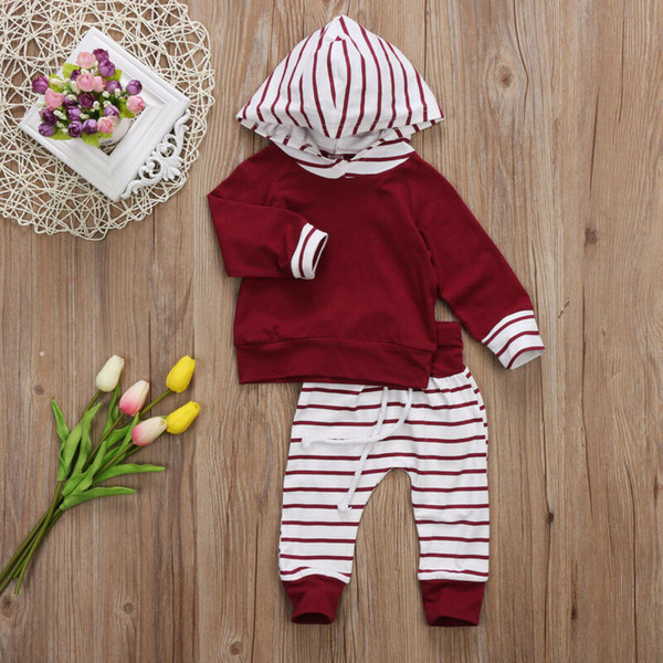 Spring Autumn Cute Newborn Baby Boys Girl Hoodie Striped Clothes Sets Long Sleeve Top Hooded T-shirt Pants Outfits Clothes Set