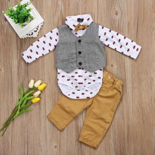 Toddler Baby Boys Formal Long Sleeve Bow Tie Suit Waistcoat Pants Tuxedo Casual Outfits Clothes Set 0-24M