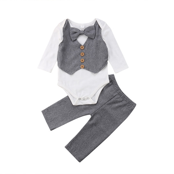 Newborn Baby Boys clothes solid Pants bow Button round neck long sleeve Bodysuit 2pc cute kids Toddler autumn cotton outfits