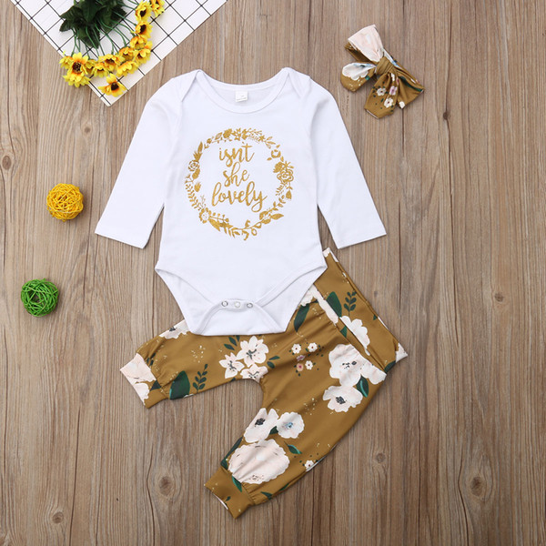 New 2020 Autumn Set Newborn Infant Baby Girl Clothes Long Sleeve Romper Tops Floral Pants Headband Outfit Set 0-18 Months