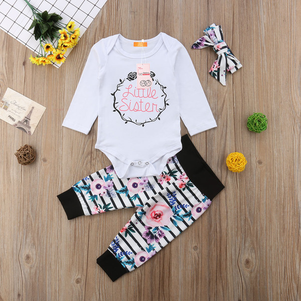 Baby Girls Outfit Clothing Set Newborn Infant Toddler Long Sleeve Bodysuit + Pants + Hat 0-24M Little Sister