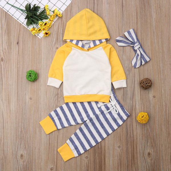 Baby Hoodies Tops Striped Pants Headband Outfits Toddler Warm Clothes Autumn 3PCS Newborn Baby Girls Boys Clothes Set 0-24M