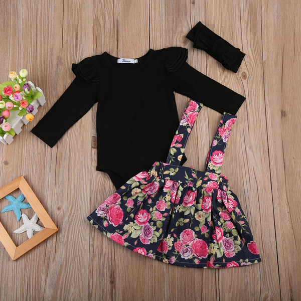 New Autumn 3Pcs Kids Baby Girls Long Sleeve Tops Bodysuit Flower Dress Princess Party Dresses Cute Babies Girls Clothes Sets