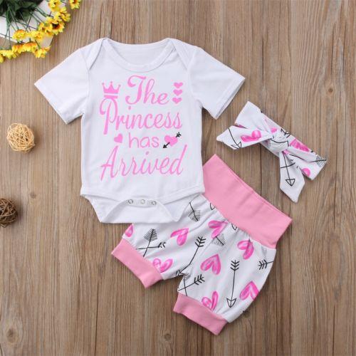 Fashion Pure Cotton Toddlers Kids Baby Girl Clothing Set 3pcs Romper Tee Tops Shorts Headband Children's Outfits Set